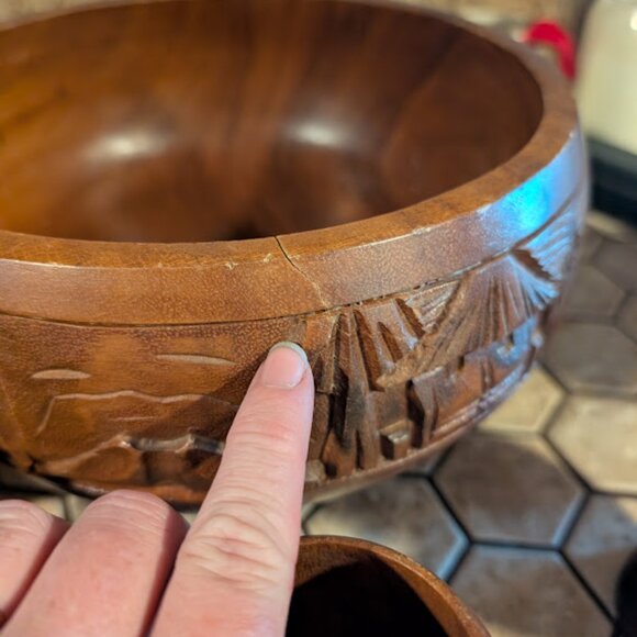Vintage Carved Wood Punch Bowl & 5 Cups *NOT WATERTIGHT* - Picture 2 of 13